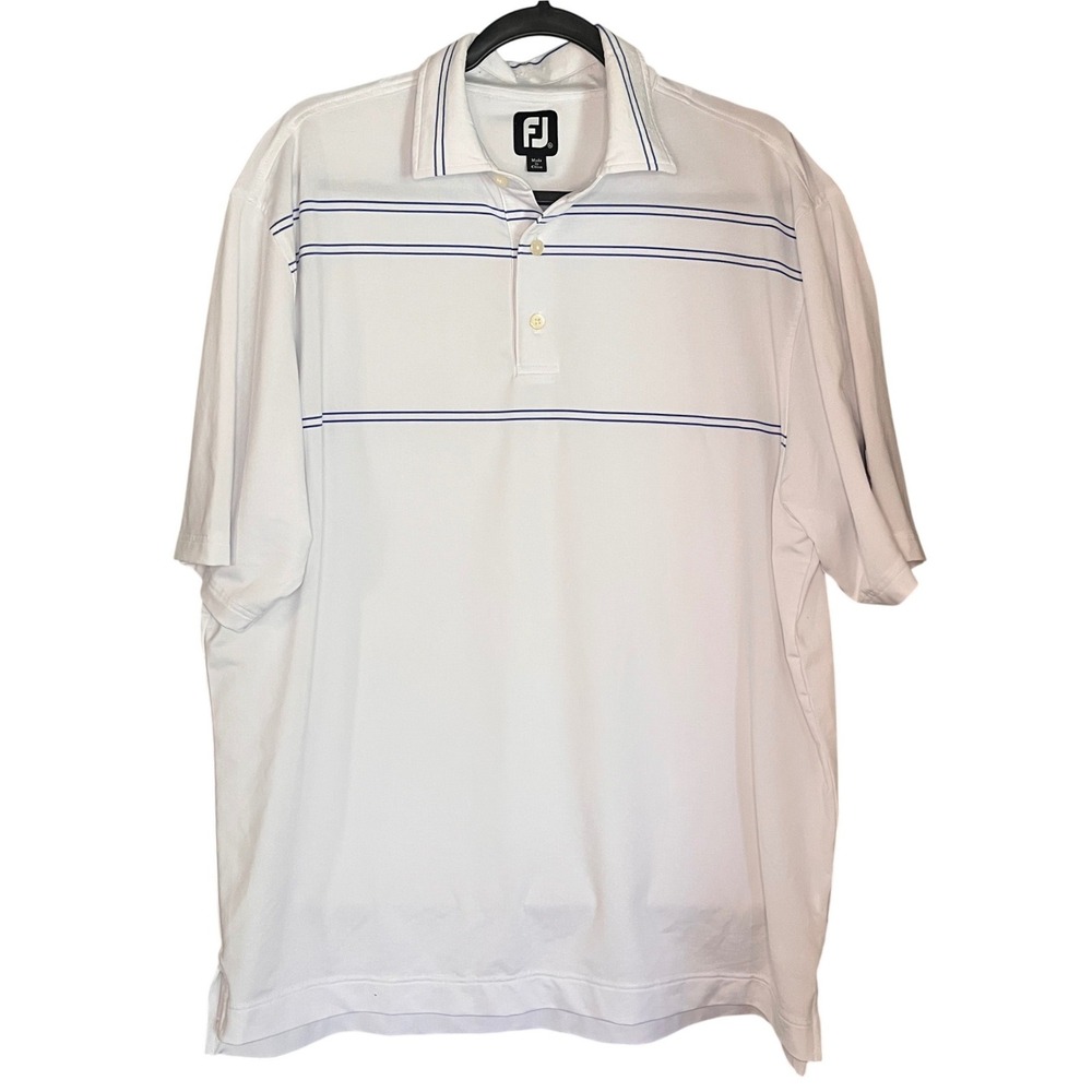 FootJoy Mens XL White Blue Striped Performance Golf Polo Shirt Short Sleeve FJ